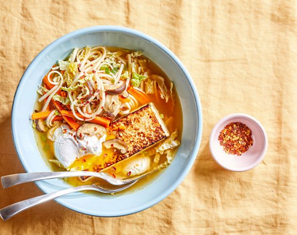 Noodle Bowl with Tofu and Poached Eggs